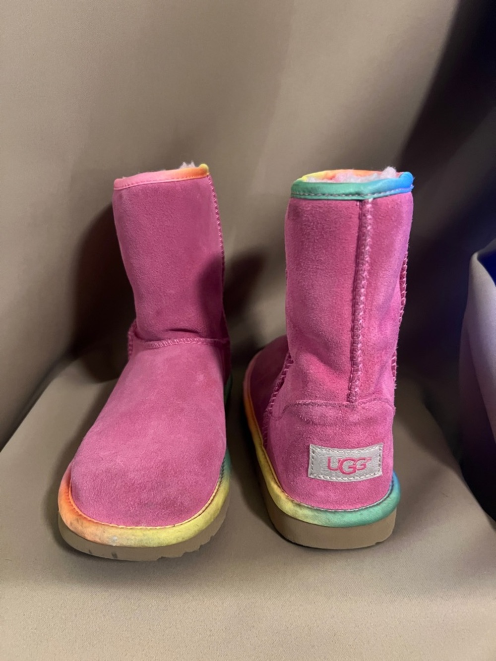 UGG Pink Suede Rainbow-Trim Short Boots